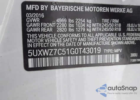 2016 BMW X3 Sdrive28I z USA, uszkodzony, nr VIN 5UXWZ7C51G0T43019